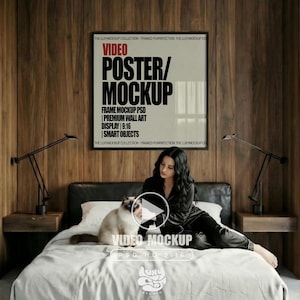 Frame Video Mockup, Cat Person mockup, Square Video Poster Mockup, Photoshop Template Wall Art, Print Mock up, Mid Century modern Bedroom