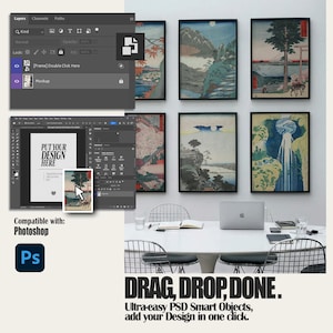 May include: A digital mockup template for Adobe Photoshop featuring a workspace with a white table, chairs, and a laptop. The interface displays layers and smart object controls for inserting artwork into six framed wall art prints.