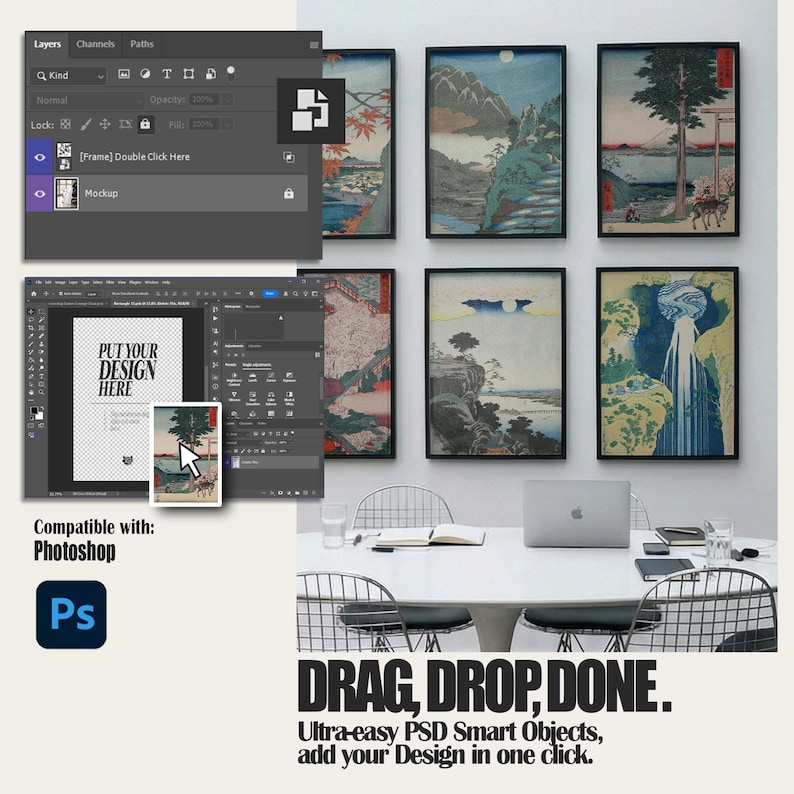 May include: A digital mockup template for Adobe Photoshop featuring a workspace with a white table, chairs, and a laptop. The interface displays layers and smart object controls for inserting artwork into six framed wall art prints.