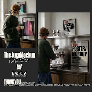 2 Frame Video Mockup PSD  - Premium Wall Art Video Display |  9:16, HD, Smart Objects, Scroll-Stopping Frame Mockup Video – Modern Interior Wall Art Display with person - Stylish Wall Art Display with Lifestyle Scene - Mid Century Modern interior Mockup -Kitchen Mockup - Coffee Machine Mockup