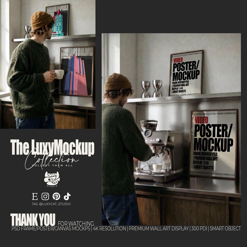 2 Frame Video Mockup PSD  - Premium Wall Art Video Display |  9:16, HD, Smart Objects, Scroll-Stopping Frame Mockup Video – Modern Interior Wall Art Display with person - Stylish Wall Art Display with Lifestyle Scene - Mid Century Modern interior Mockup -Kitchen Mockup - Coffee Machine Mockup