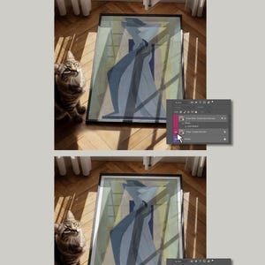 May include: A digital graphic showing two side-by-side comparisons of a framed abstract art print featuring blue and yellow geometric shapes, displayed next to a tabby cat. The text reads With and Whitout Matte in just one click.