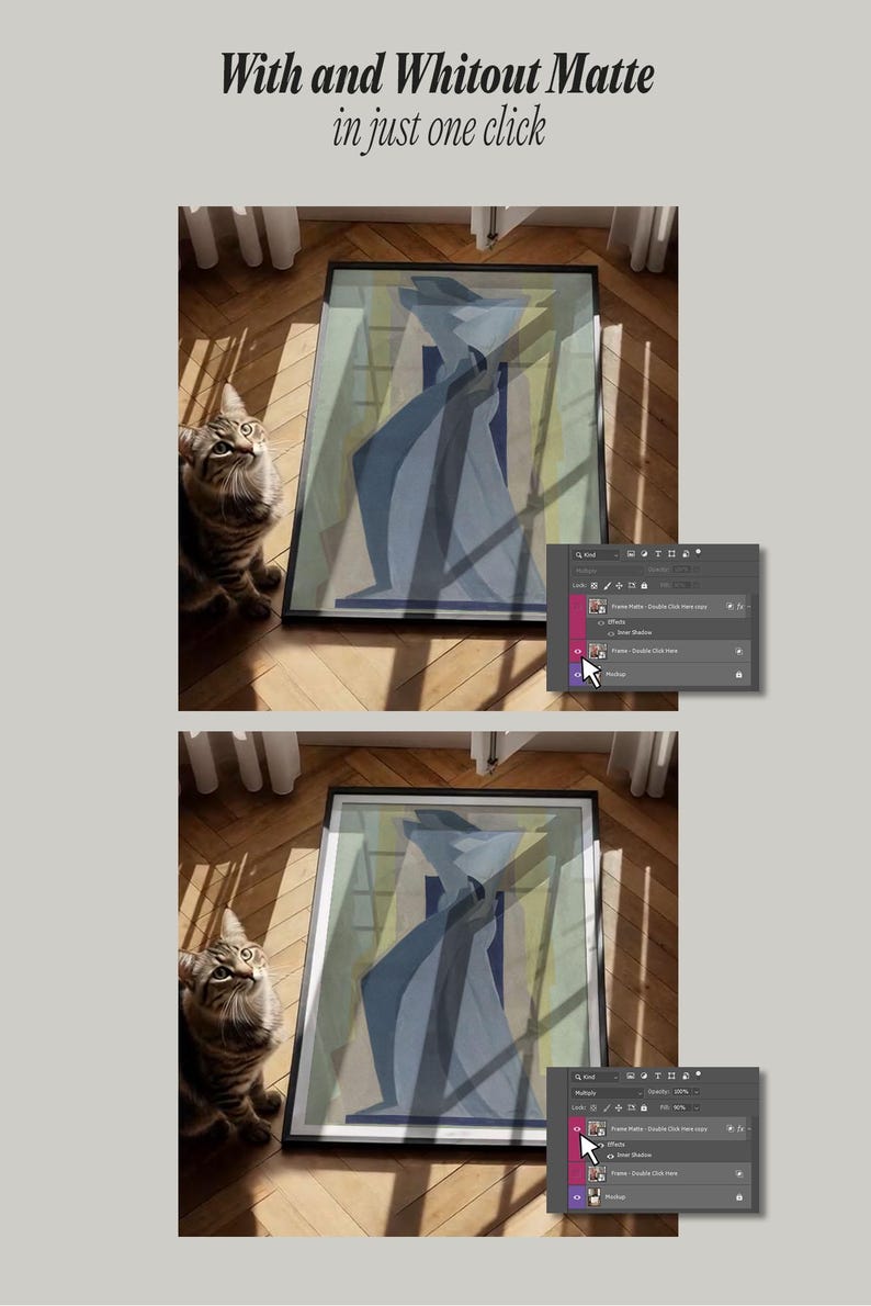 May include: A digital graphic showing two side-by-side comparisons of a framed abstract art print featuring blue and yellow geometric shapes, displayed next to a tabby cat. The text reads With and Whitout Matte in just one click.