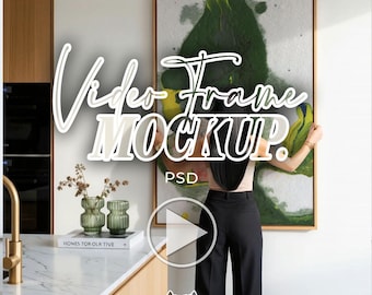 May include: A large rectangular wall art piece with a light wood frame featuring an abstract green and yellow paint design. The text "Video Frame MOCKUP. PSD" is overlaid in white script and bold lettering across the centre of the artwork.