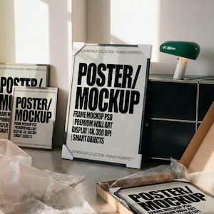 Gallery wall Mockup, 4 Frame Mockup, Photoshop Template for Wall art & Prints, Smart Object mockup, Poster mockup, Mid century modern unbox