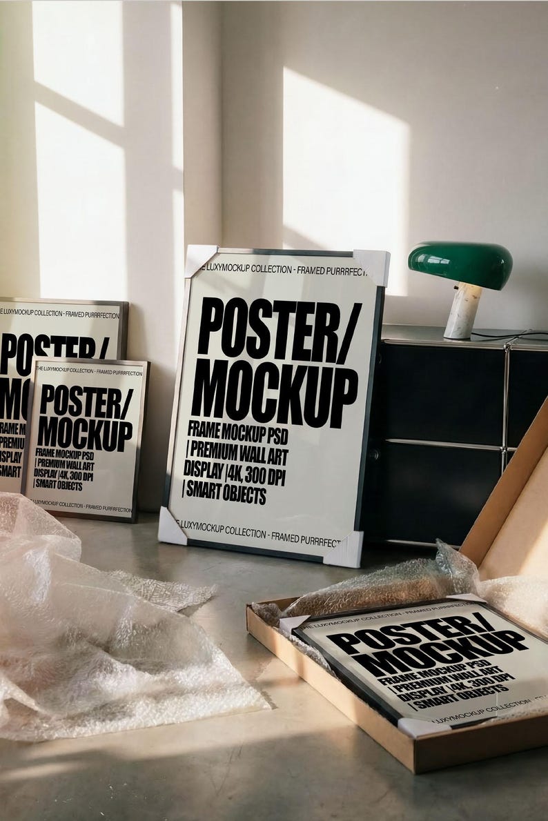 Gallery wall Mockup, 4 Frame Mockup, Photoshop Template for Wall art & Prints, Smart Object mockup, Poster mockup, Mid century modern unbox