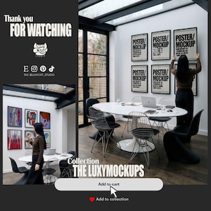 6 A-size frames gallery wall video mockup PSD. A woman hangs black poster mockups in a modern dining room. Premium wall art display for social media.