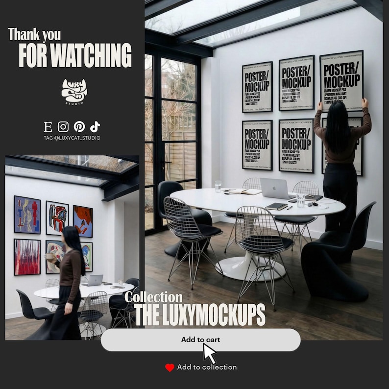 6 A-size frames gallery wall video mockup PSD. A woman hangs black poster mockups in a modern dining room. Premium wall art display for social media.