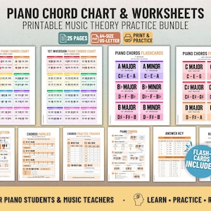 Può includere: Un pacchetto stampabile di tabelle di accordi per pianoforte e fogli di lavoro di teoria musicale con 25 pagine di contenuti educativi. La raccolta include tabelle di posizioni fondamentali e inversioni, flashcard, tracker e chiavi di risposta.