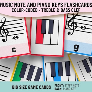 音符とピアノの鍵盤のフラッシュカード - 子供向けの色分け学習カード、印刷可能な音楽理論ゲーム - ト音記号とヘ音記号の学習ツール