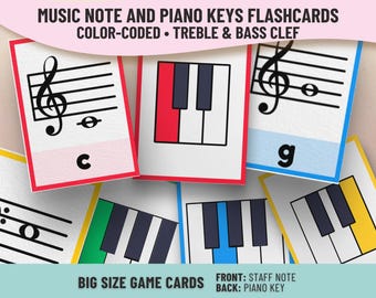 Music Notes and Piano Keys Flashcard - Color Coded Learning Cards for Kids, Printable Music Theory Game - Treble and Bass Clef learning tool