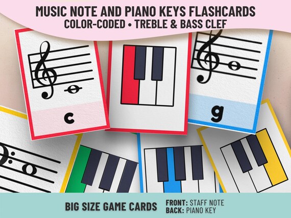 Music Notes and Piano Keys Flashcard - Color Coded Learning Cards for Kids, Printable Music Theory Game - Treble and Bass Clef learning tool