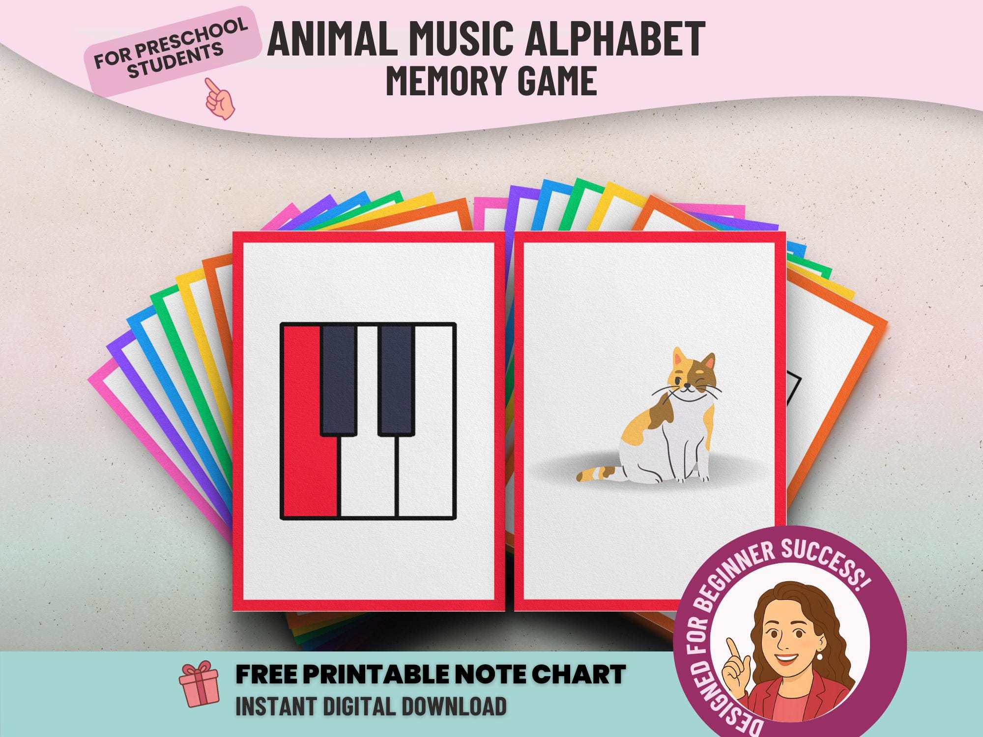 Musical animal alphabet flash cards - Color coded piano playing cards for learning and school - Printable memory game, preschool activities
