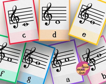 Musical notes flash cards - Color coded piano playing cards for learning and school, music theory, and homeschool printable games