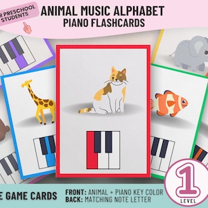 Tieralphabet-Musik-Karteikarten - farbunterlegte Klavierspielkarten zum Lernen im Vorschulalter, druckbare Karteikarten & Klavierüben - Stufe 1