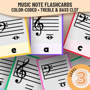 May include: A set of colour-coded music note flashcards, displaying treble and bass clef symbols. Each card shows a musical note on a staff, with the note's letter indicated. The cards have coloured borders and the text "MUSIC NOTE FLASHCARDS COLOR-CODED TREBLE & BASS CLEF".