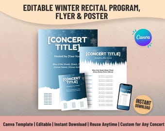 Editable Winter Recital Program, Flyer & Poster | Canva Template Bundle for Piano, Choir, School Concert | Printable Music Teacher Resource