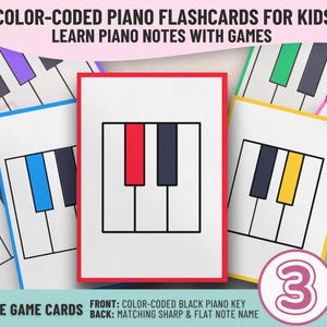 Schede didattiche con tasti neri del pianoforte - Schede musicali con codice colore per l'apprendimento e la scuola, teoria musicale e giochi stampabili per l'istruzione domestica, livello 3