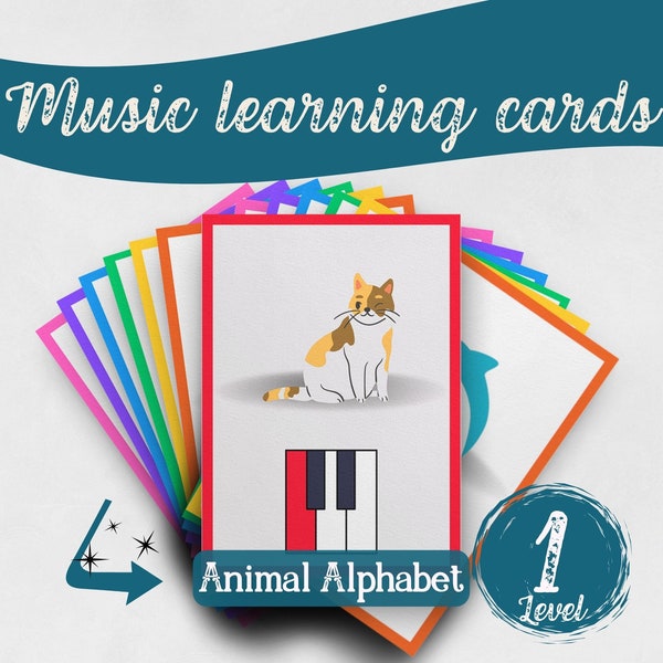 Animal alphabet music flash cards - Color coded piano playing cards for learning and school, music theory, and engaging preschool activities