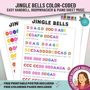 Jingle Bells Handbell Music PDF – Easy Color Coded Sheet Music for Kids, Preschool & Elementary Music, Printable Christmas Song