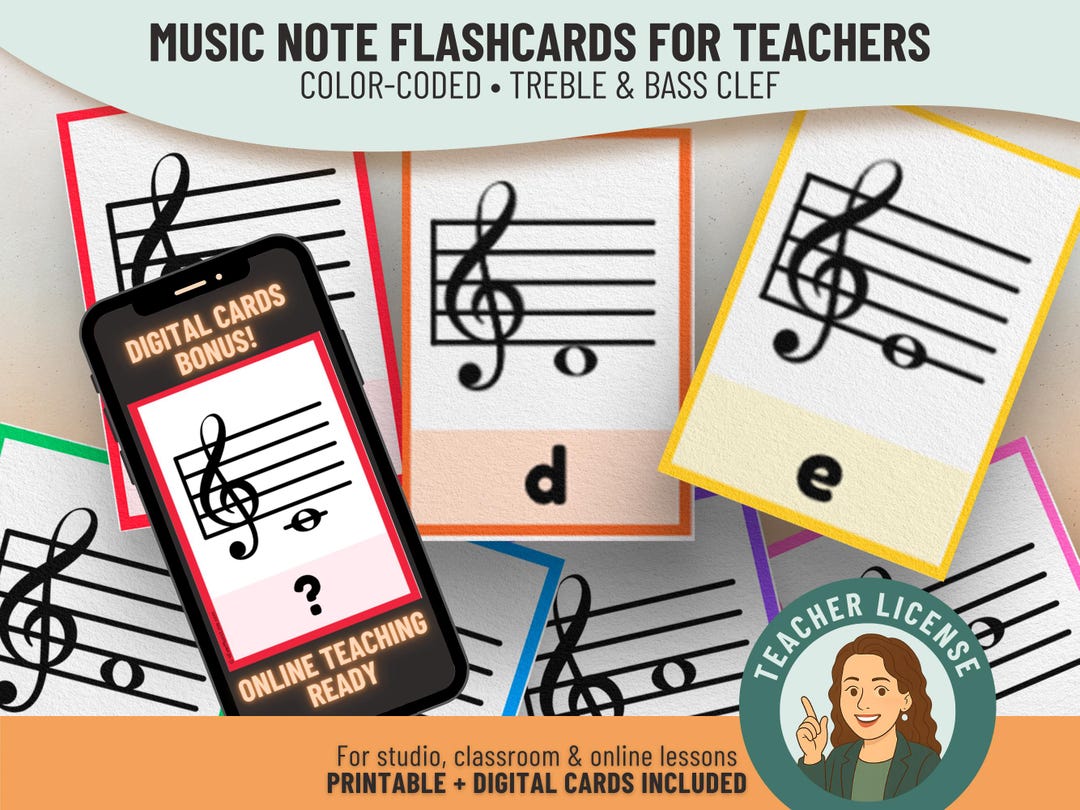 Musical Notes Study Cards Musical Notes Flash Cards - Color Coded Piano Cards for Learning and ...