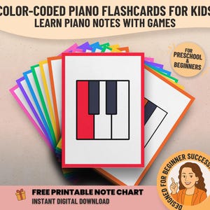 Cartes flash de l'alphabet musical - Cartes à jouer pour piano à code couleur pour l'apprentissage et l'école, la théorie musicale et les jeux imprimables pour l'école à la maison