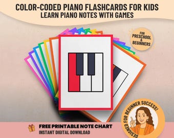 Musical alphabet flash cards - Color coded piano playing cards for learning and school, music theory, and homeschool printable games