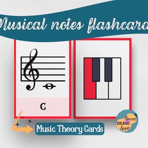 Tarjetas didácticas con notas musicales y teclas de piano: tarjetas de aprendizaje con códigos de colores para niños, juego de teoría musical imprimible, herramienta de aprendizaje de claves de sol y de fa