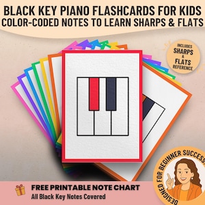 Cartes mémoire touches noires du piano - Cartes à jouer musicales à code couleur pour l'apprentissage et l'école, la théorie de la musique et les jeux imprimables pour l'école à la maison