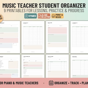 Puede incluir: Un conjunto de nueve páginas imprimibles de organizador para profesores de música con secciones para notas de lecciones, listas de repertorio, objetivos, asistencia y planificación de práctica. Formato A4 y US-Letter.