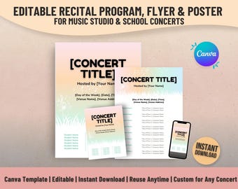 Editable Recital Program, Flyer & Poster | Canva Template Bundle for Piano, Choir, School Concert | Printable Music Teacher Resource