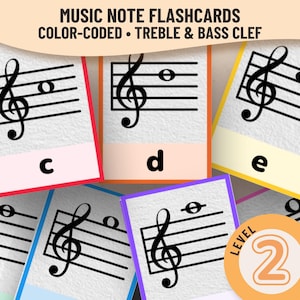 Peut inclure: Cartes de musique avec des notes codées par couleur, avec des symboles de clé de sol et de clé de fa. Chaque carte a une bordure de couleur différente et une lettre, comme "c", "d" ou "e". Les cartes sont étiquetées "Niveau 2".