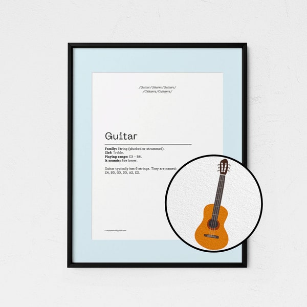 Acoustic guitar music wall art print - Gifts for musicians, learning and school, room decor for teens