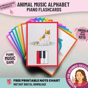 動物アルファベット音楽フラッシュカード - 学習や学校、音楽理論、魅力的な就学前のアクティビティのための色分けされたピアノカード