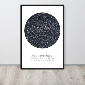 Impression personnalisée de la carte des étoiles du ciel nocturne, affiche de la carte des étoiles par date et lieu, carte des étoiles personnalisée encadrée cadeau de Noël, cadeau d’anniversaire