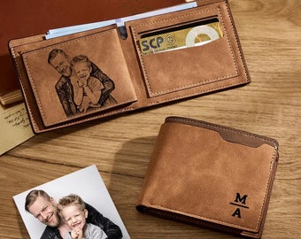 Personalized Mens Wallet, Custom Engraved Photo Leather Wallet, Memory Gift for Dad, Anniversary Gift for Boyfriend, Christmas Gifts for Him