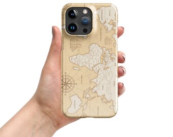 May include: A beige phone case with a vintage world map design. The case has a compass design in the bottom left corner and the words "Canada", "United States", "South America", "China", "Russia", "Australia", and "Pacific Ocean" are visible on the map.