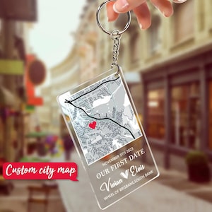 Porte-clés carte personnalisé Notre premier rendez-vous, porte-clés où tout a commencé, porte-clés carte personnalisé en acrylique, cadeau carte pour couple, cadeau d'anniversaire