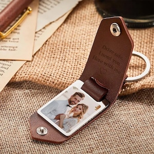 Custom Couple Leather Photo Keychain, Personalized Photo Gift For Dad Memorial Keychain, Picture Keyring Monogram Keychain