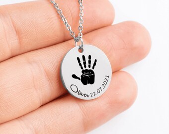 Personalized Handprint or Footprint Necklace, Custom Baby Hand Print Jewelry for New Dad Mom Birthday Christmas Gift
