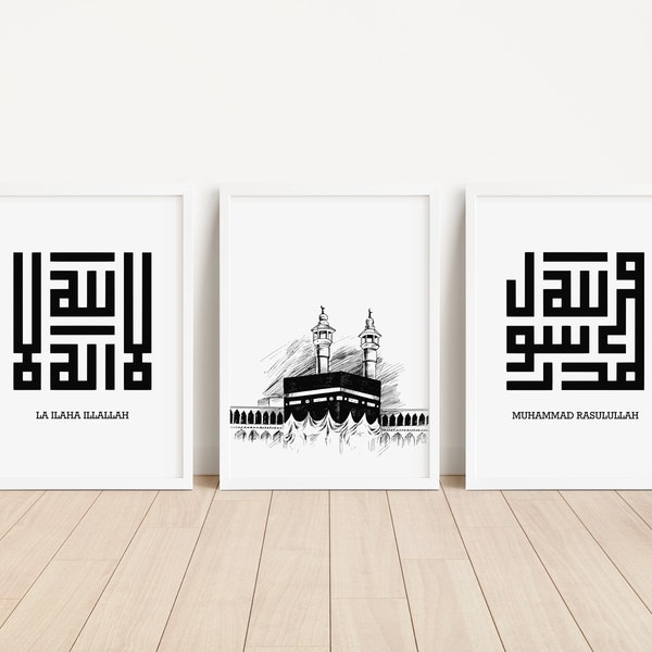 Ensemble de 3 | Kaaba, Shahadatain | Calligraphie arabe | Calligraphie coufique | Décoration intérieure islamique | Affiche islamique | Minimaliste