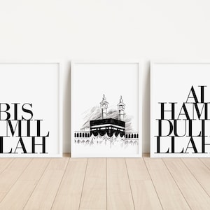 Set van 3 | Kaabah, Bismillah, Alhamdulillah | Arabische kalligrafie | Minimalistische muurkunst | Moslim Home Decor | Islamitische prenten | Islamitische affiche