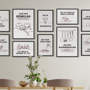 Set of 10 | Islamic Etiquette for Eating | Sunnah for Dining | Islamic Digital Prints | Muslim Kitchen Decoration | Line Art