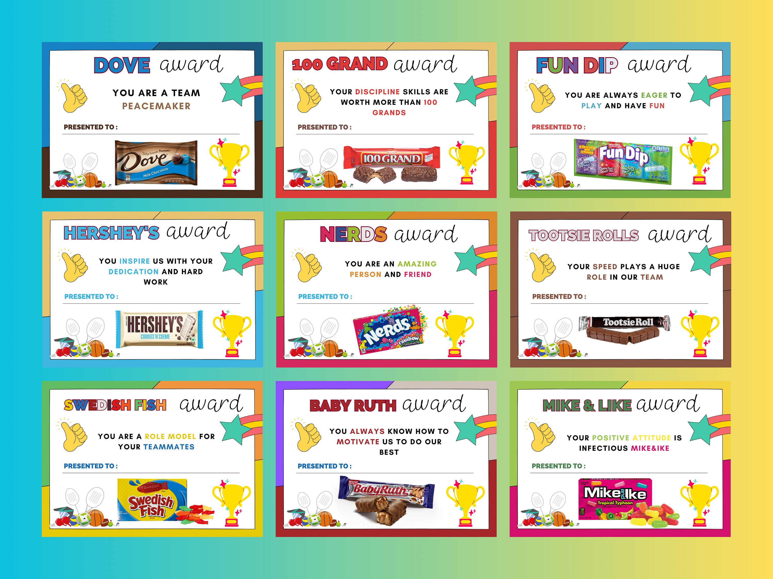 Sports Team Candy Bar Award Certificates Sports Players Candy Bar