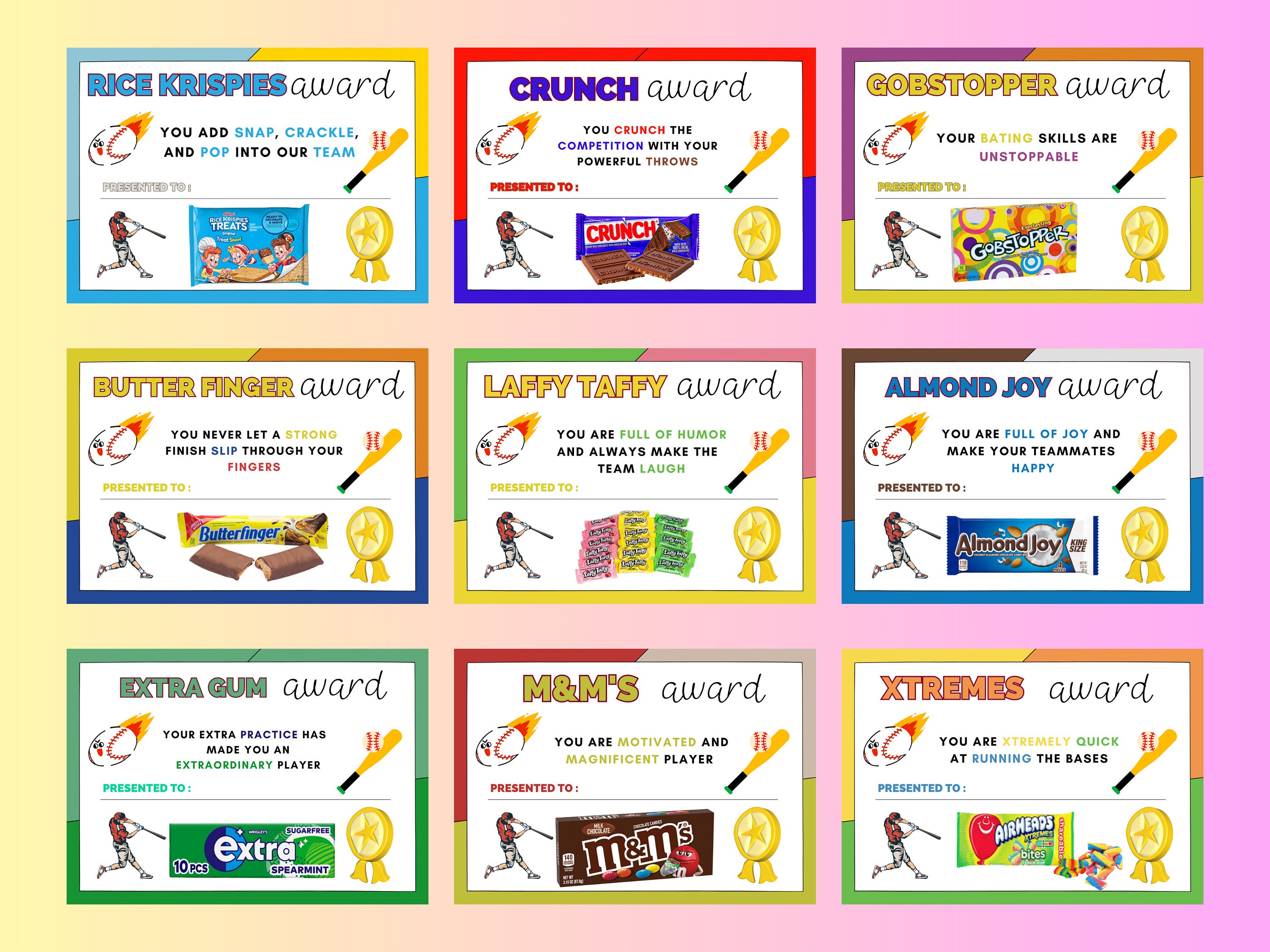 50 Softball Candy Bar Award Certificates Softball Player Candy Bar