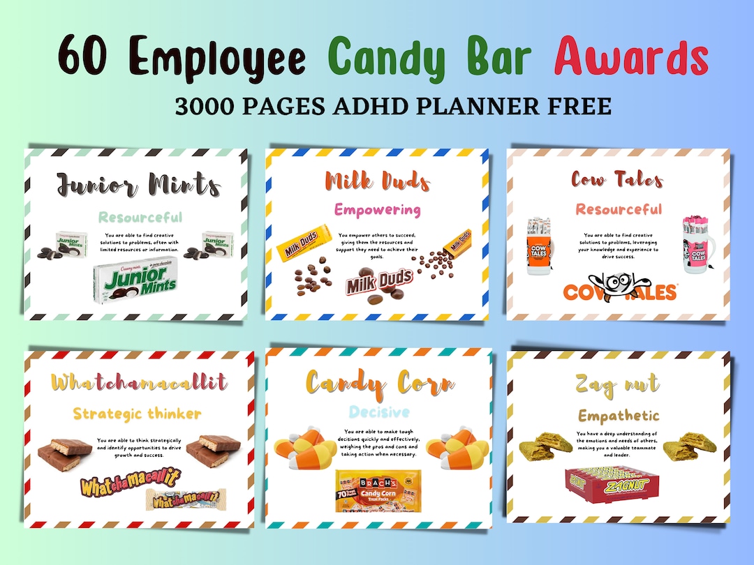 60 EMPLOYEE CANDY BAR Awards Candy Bar Award Certificates Coworker Candy Bar Award Certificates