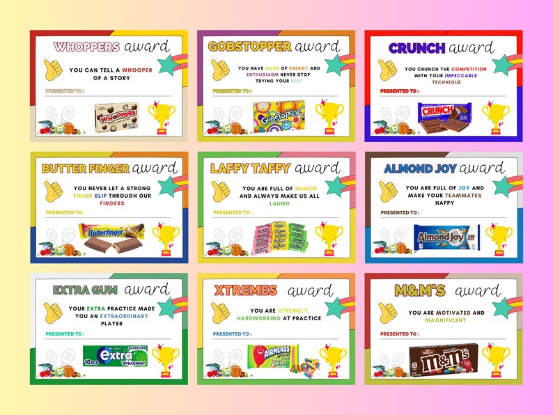 Sports Team Candy Bar Award Certificates Sports Players Candy Bar