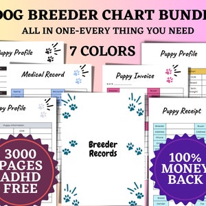 Puede incluir: Un paquete de tablas de criador de perros imprimibles en siete colores diferentes. Las tablas incluyen perfiles de cachorros, registros médicos, facturas y recibos. El texto "3000 Páginas ADHD Gratis" y "100% Dinero de Vuelta" aparece en la imagen.