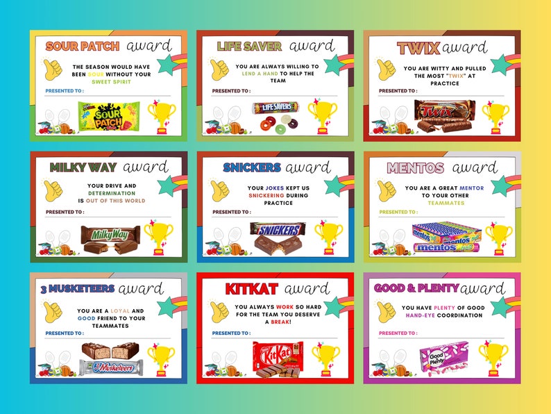 Sports Team Candy Bar Award Certificates Sports Players Candy Bar