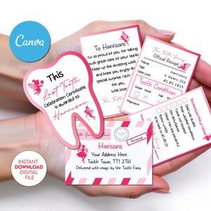 Pink Tooth Fairy Certificate Set | Editable Canva Template | Lost Tooth Keepsake | Printable Awards | Instant Digital Download